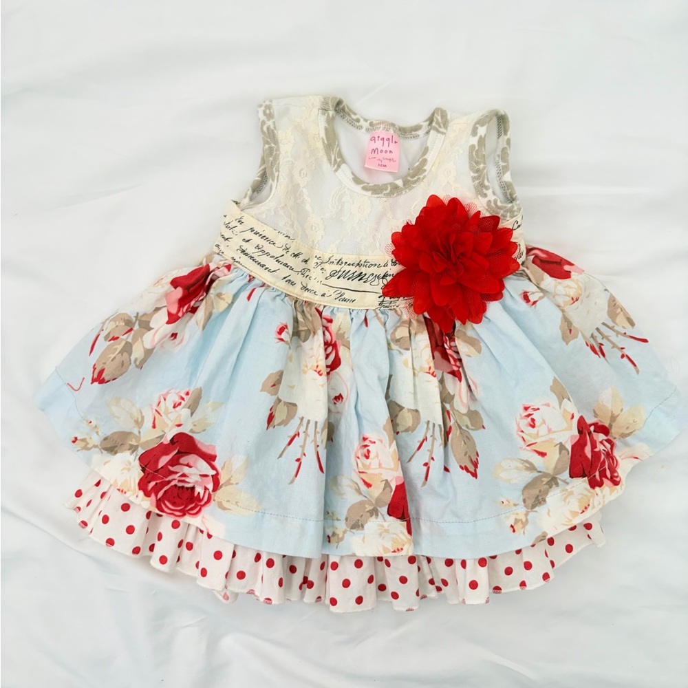 Giggle Moon Light Blue Floral Dress with Red Flower